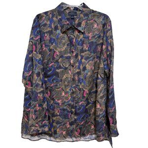 Westbound Woman Womens 2X Button Up Top Shirt Blue Pink Long Sleeves Wrinkle